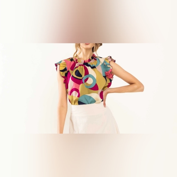 Boho Chic Multi Color Print Sleeveless Ruffle Neck Top NWOT - Picture 8 of 8